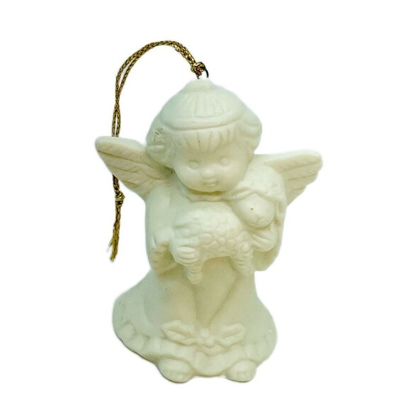 Vintage White Angel With Wings Holding Lamb Christmas Ornament Ceramic Taiwan - Picture 1 of 13